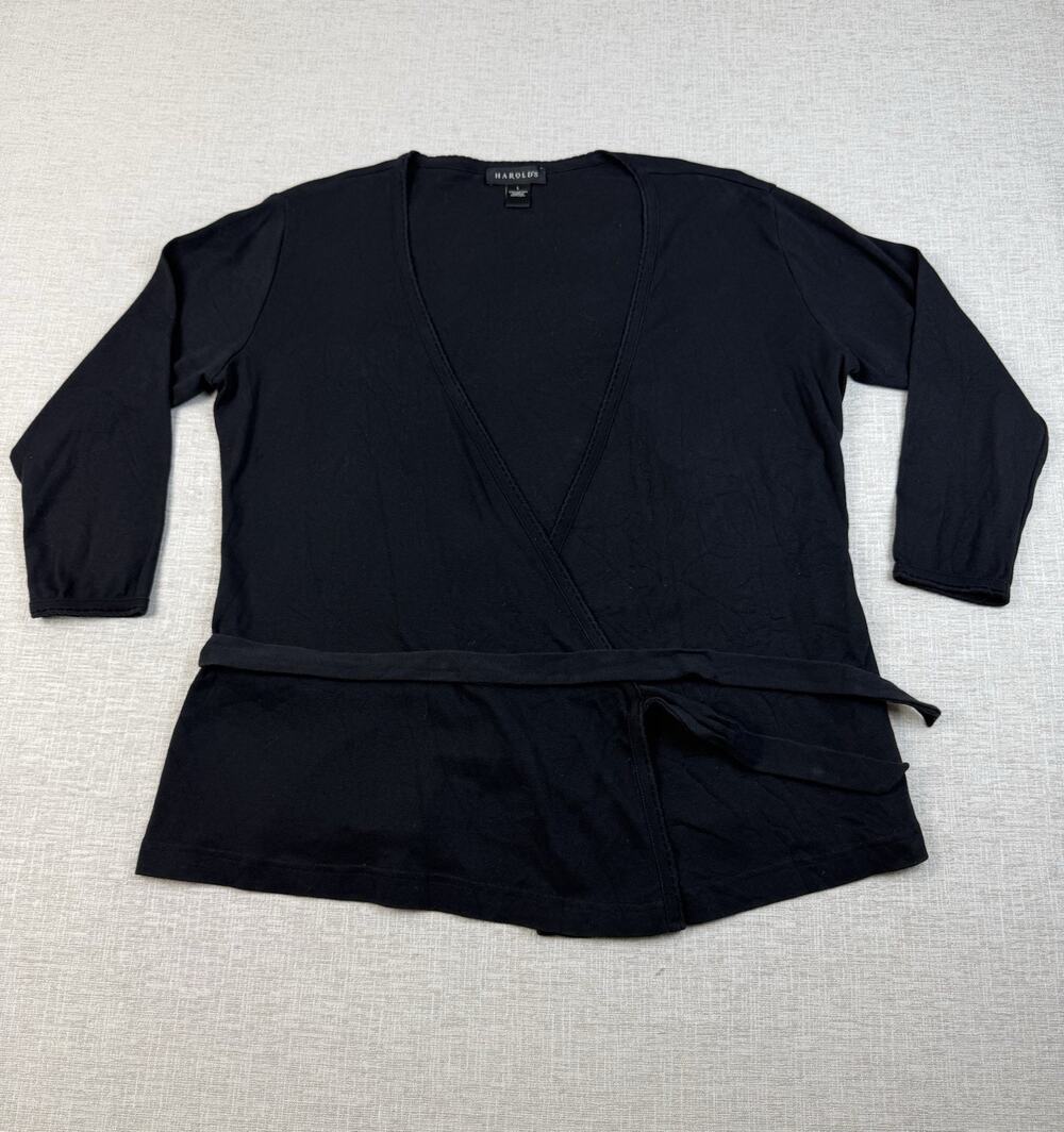 Harold’s Women’s L Black Cotton Wrap Top Long Sleeve Tie Waist